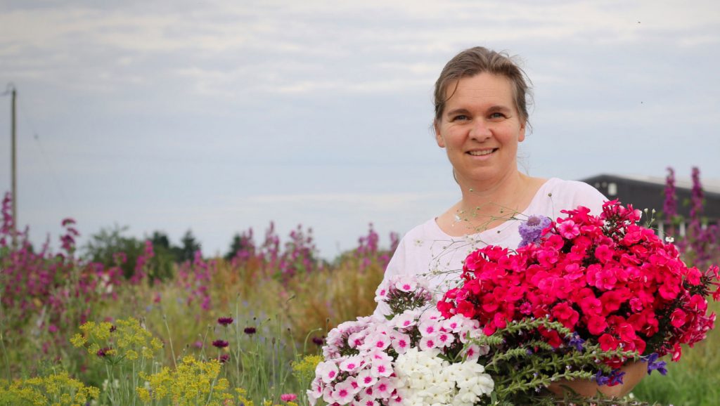 Meg of Roots Family Farm holds a freshly cut bunch of pink flowers on her flower farm