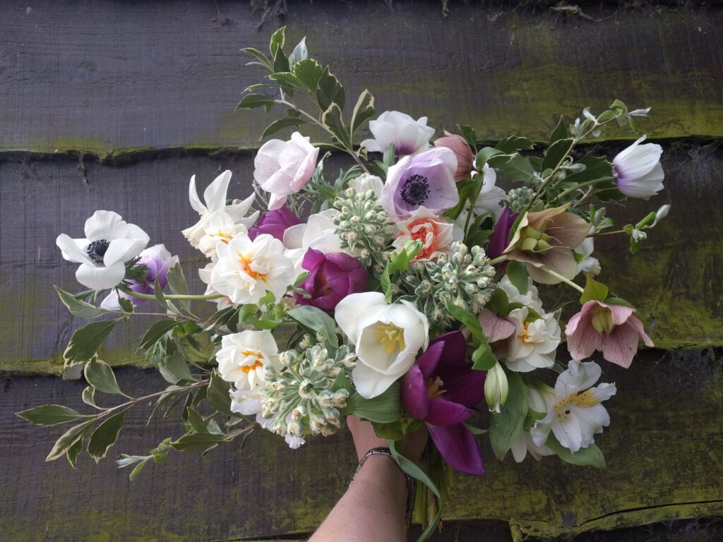 A spring bouquet of British flowers by Camomile and Cornflowers