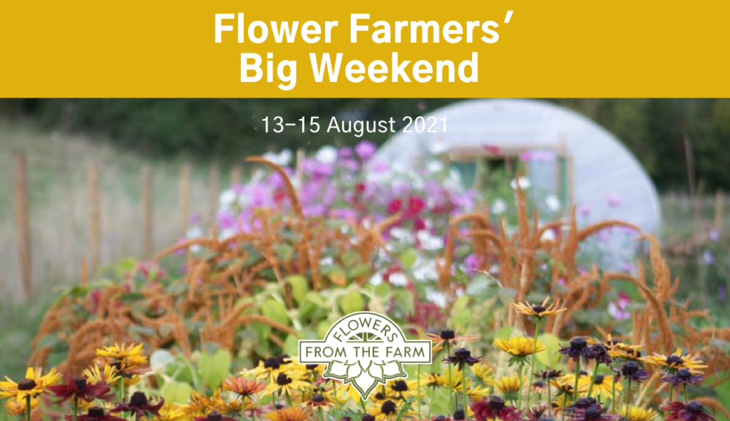 Poster for Flowers Farmers Big Weekend in the cutting border at the Floriferous plot with the poly tunnel in the background