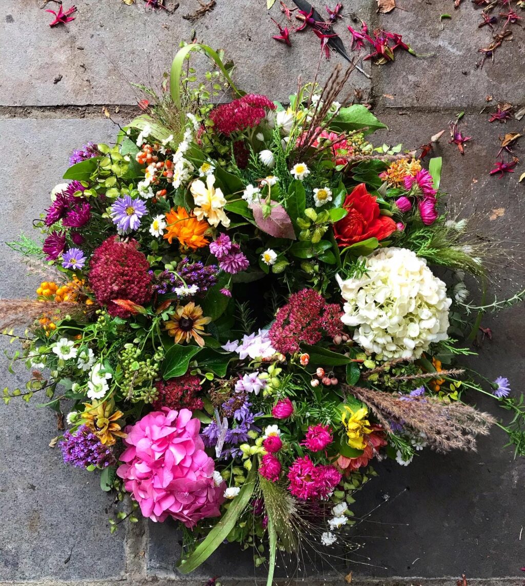 A colourful summer wreath with hydrangeas by Mrs Mosley's Posies