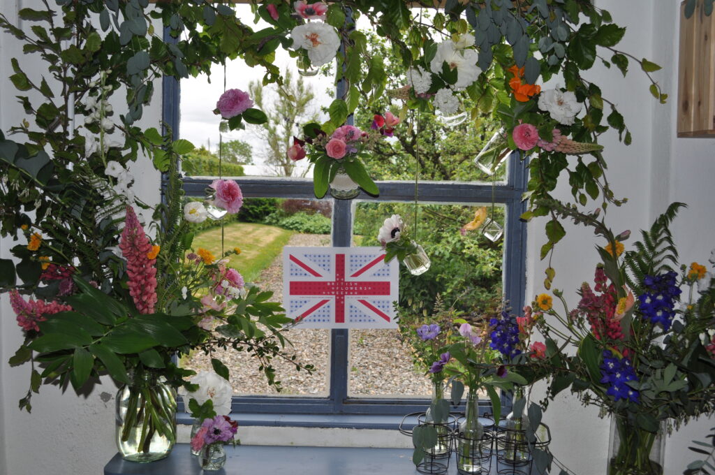A window display for British flowers week by NI florist, Sharon of Drumcroome Cut Flowers.