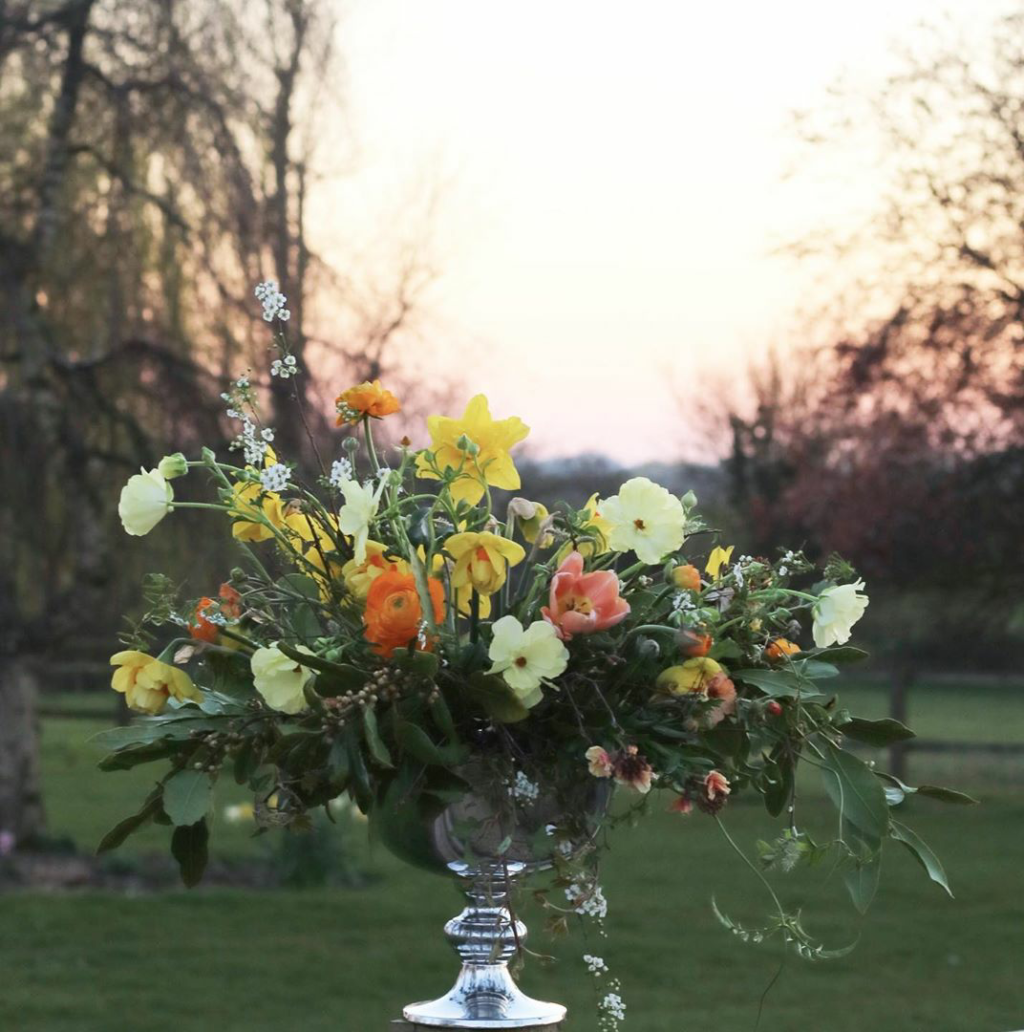 A large compote of dark foliage studded with colourful orange ranunculus, yellow narcissi and creamy ranunculus phtograped against a receding avenue of trees. Tangle and Thyme, Essex