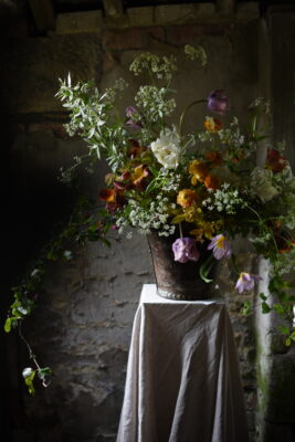 Sarah's graceful airy arrangement of naturally styled garden flowers for British Flowers Week 2021. Jill Shaddock Photography.