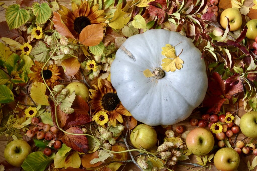 An autumnal display of cut flower heads, apples and pumpkin in russets, yellows and reds by Harebell and Bee, Gloucestershire.