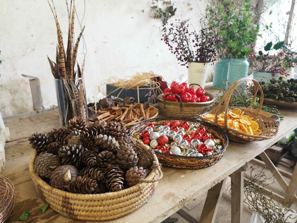 A traditional selection of ingredients ready for wreath-making at Sarah Hill Flowers