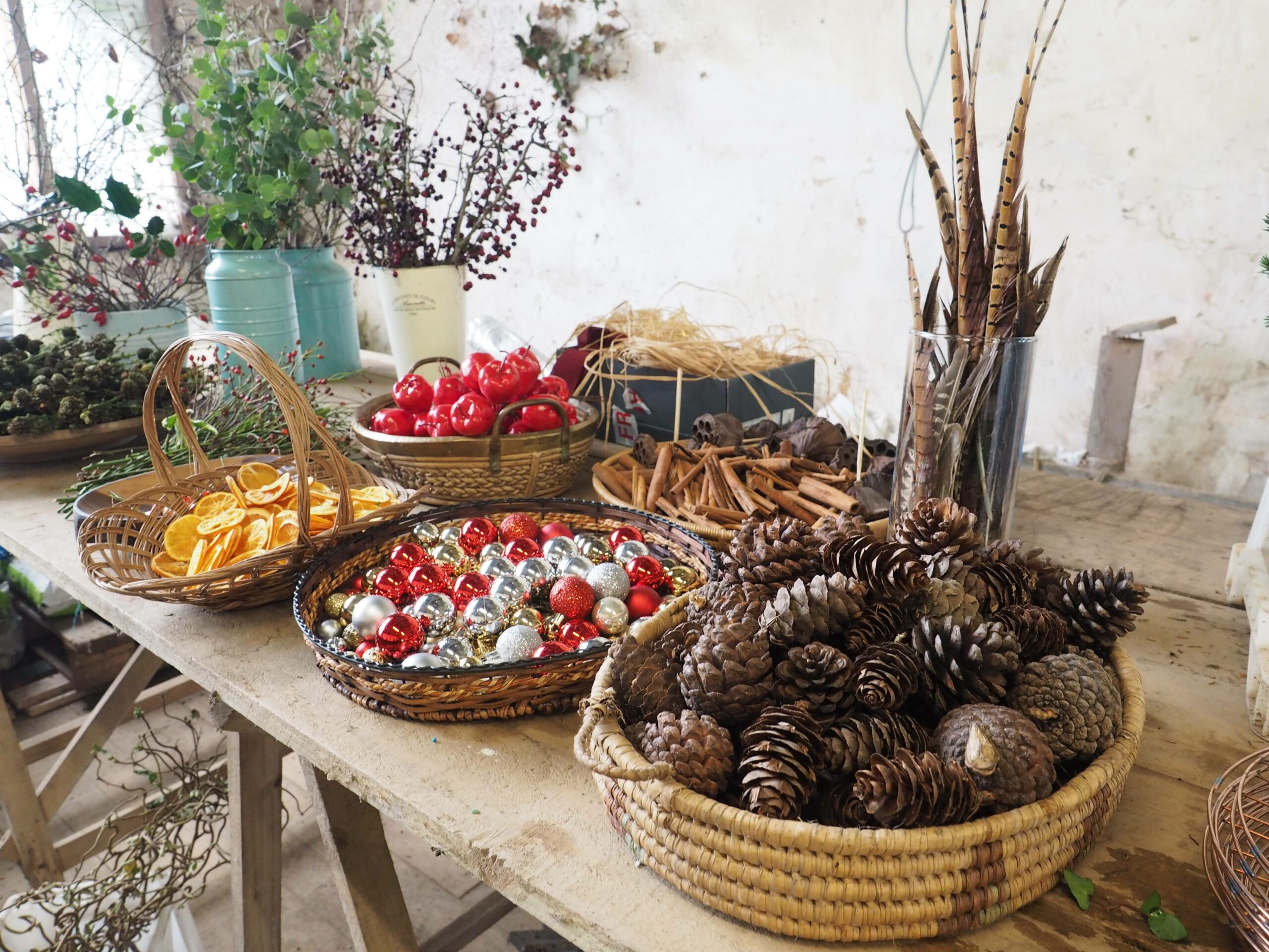 A traditional selection of ingredients ready for wreath-making at Sarah Hill Flowers