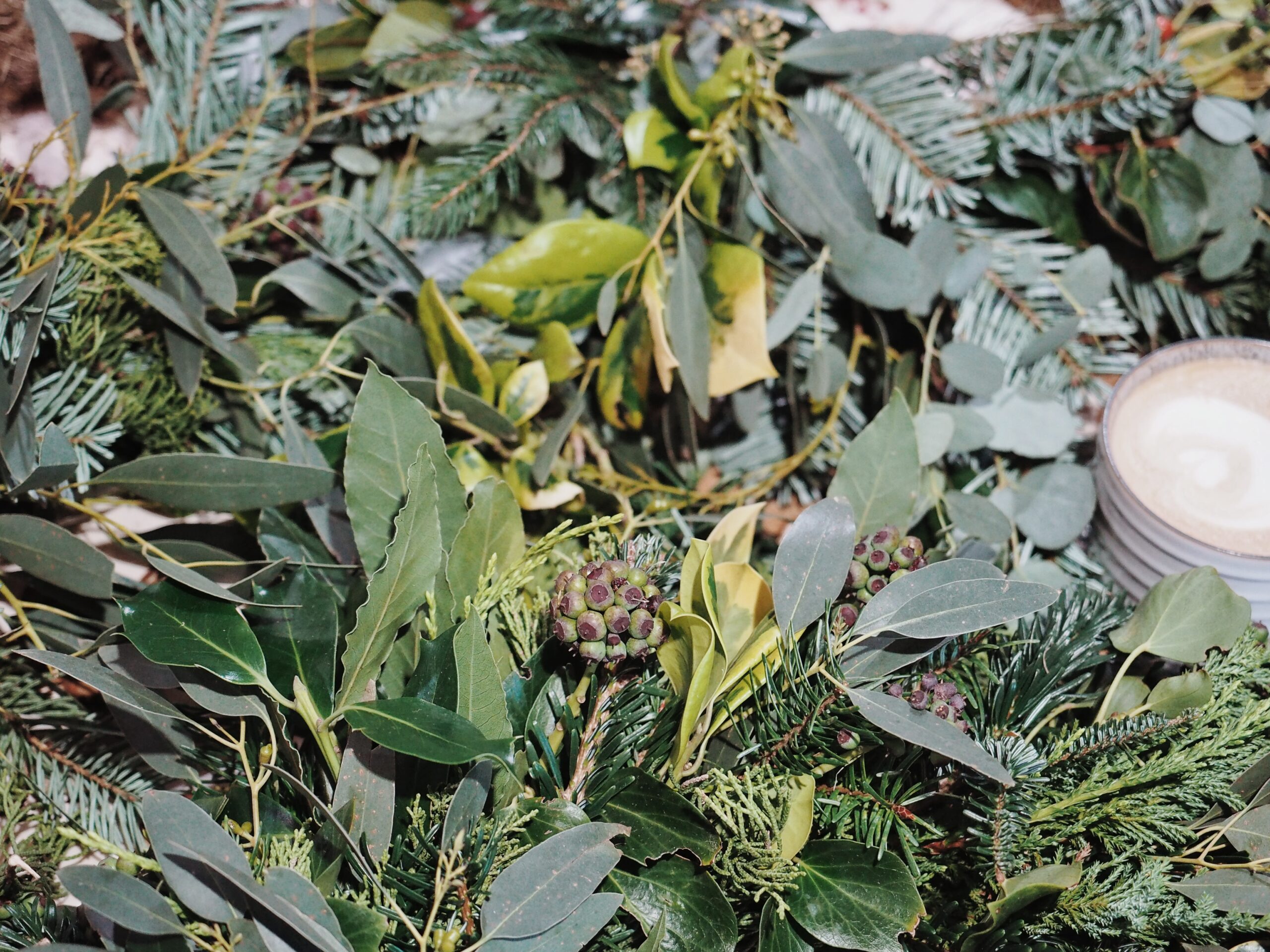 Locally grown evergreen foliage to adorn festive wreaths made by Sarah Hill Flowers