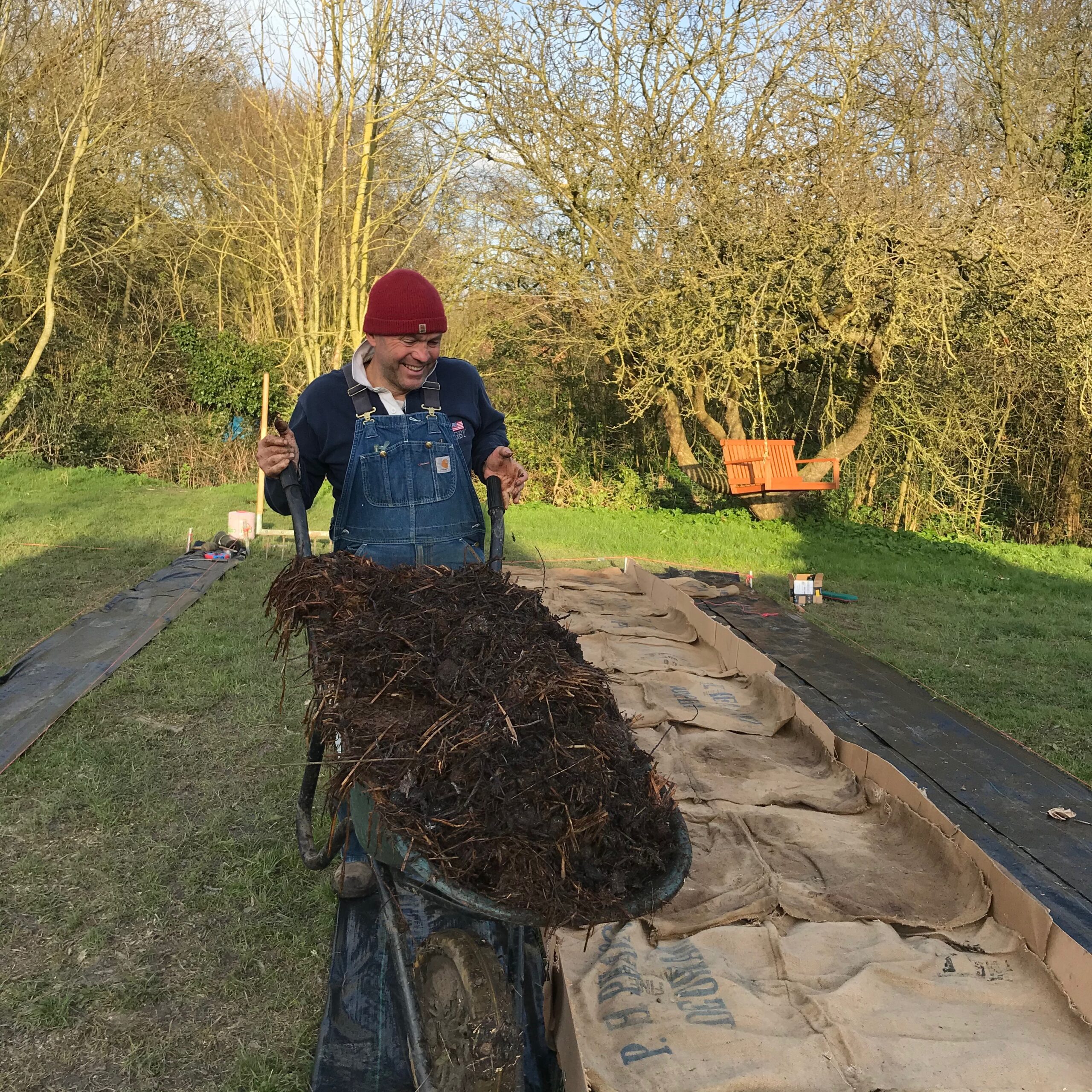 No dig beds under construction at Tin Shed Flower Farm