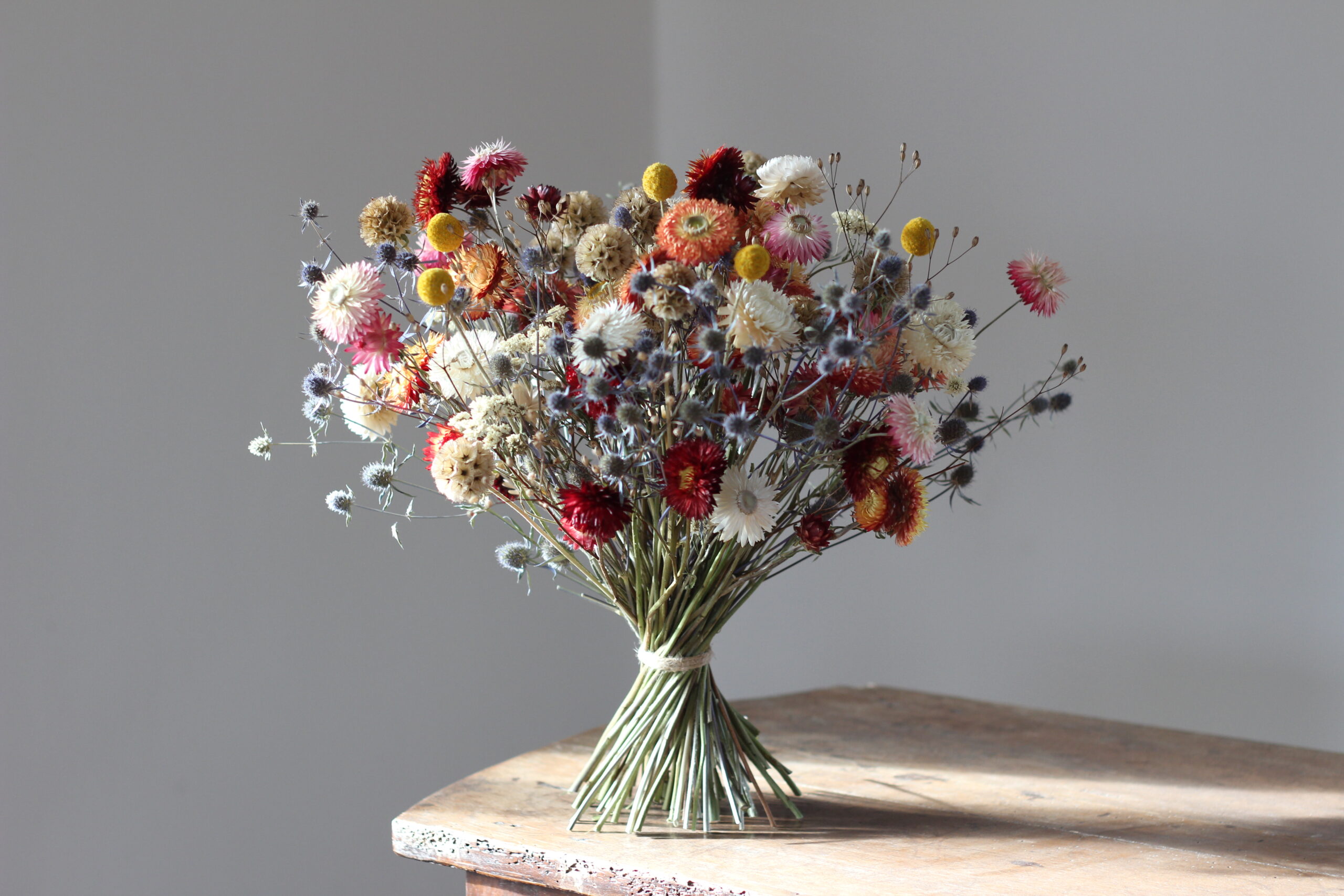 A dried bouquet of colourful everlasting flowers created by Ravenshill Flower Farm