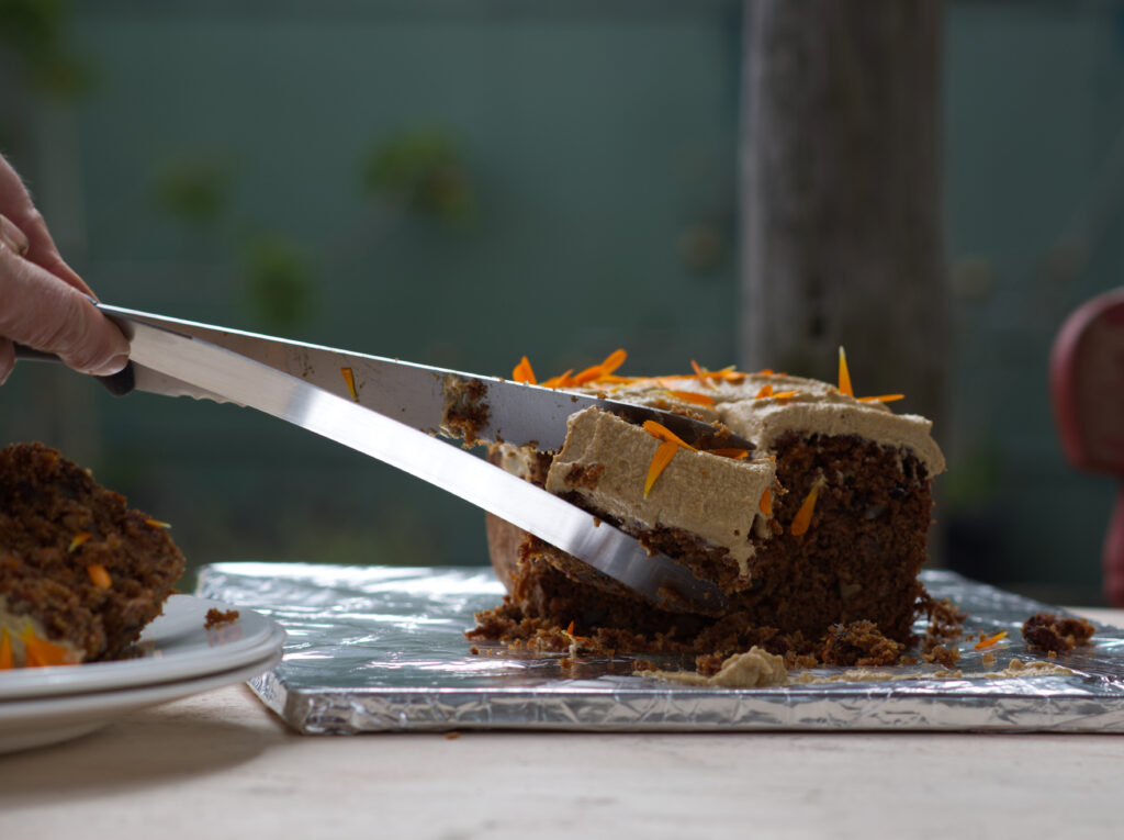 Carrot cake served a Roots Family Farm Shop, Worcester during the Flower Farmers Big Weekend in 2021