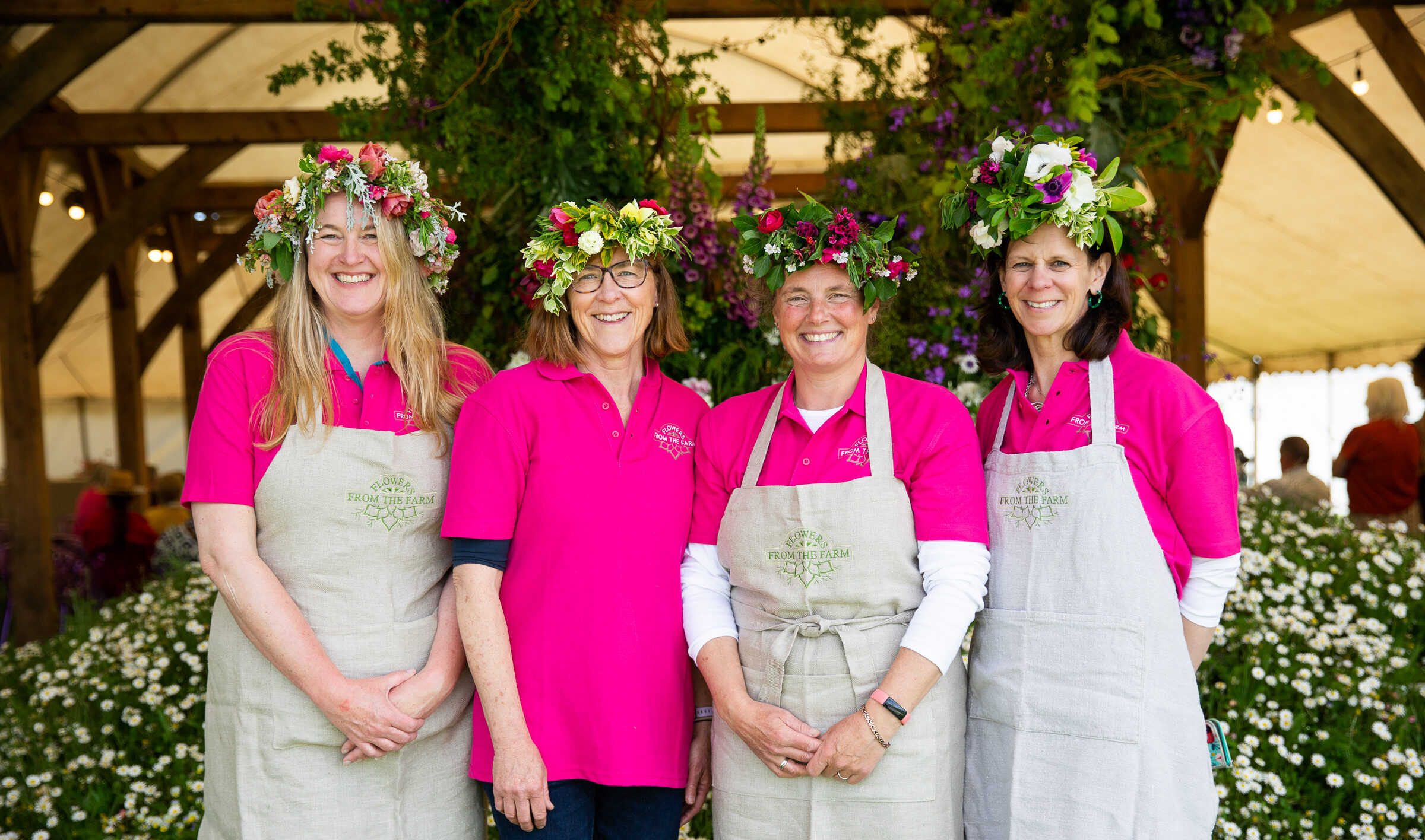 Members Nicola Hill, Ruth Woolacott, Sophie Hamilton and Kat Norbury wearing fabulous flower crowns at the RHS Malvern Spring Festival