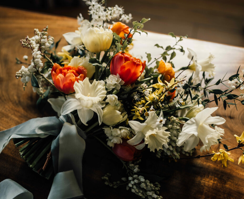 A stunning March bouquet of British seasonal flowers by Cate Johnson of Green Gate Blooms