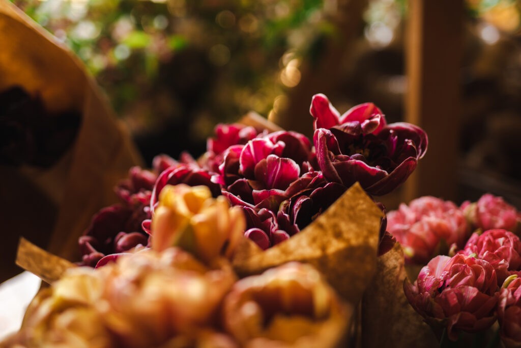 Rich gold and deep purple UK grown tulips used for the coronation displays.