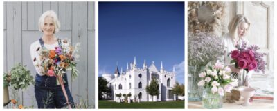 Leigh Chappell holds a bouquet of seasonal British grown flowers, Horace Walpole's white gothic mansion stands out against a blue summer sky, freshly cut uk grown flowers being arranged in vases by Janne Ford.