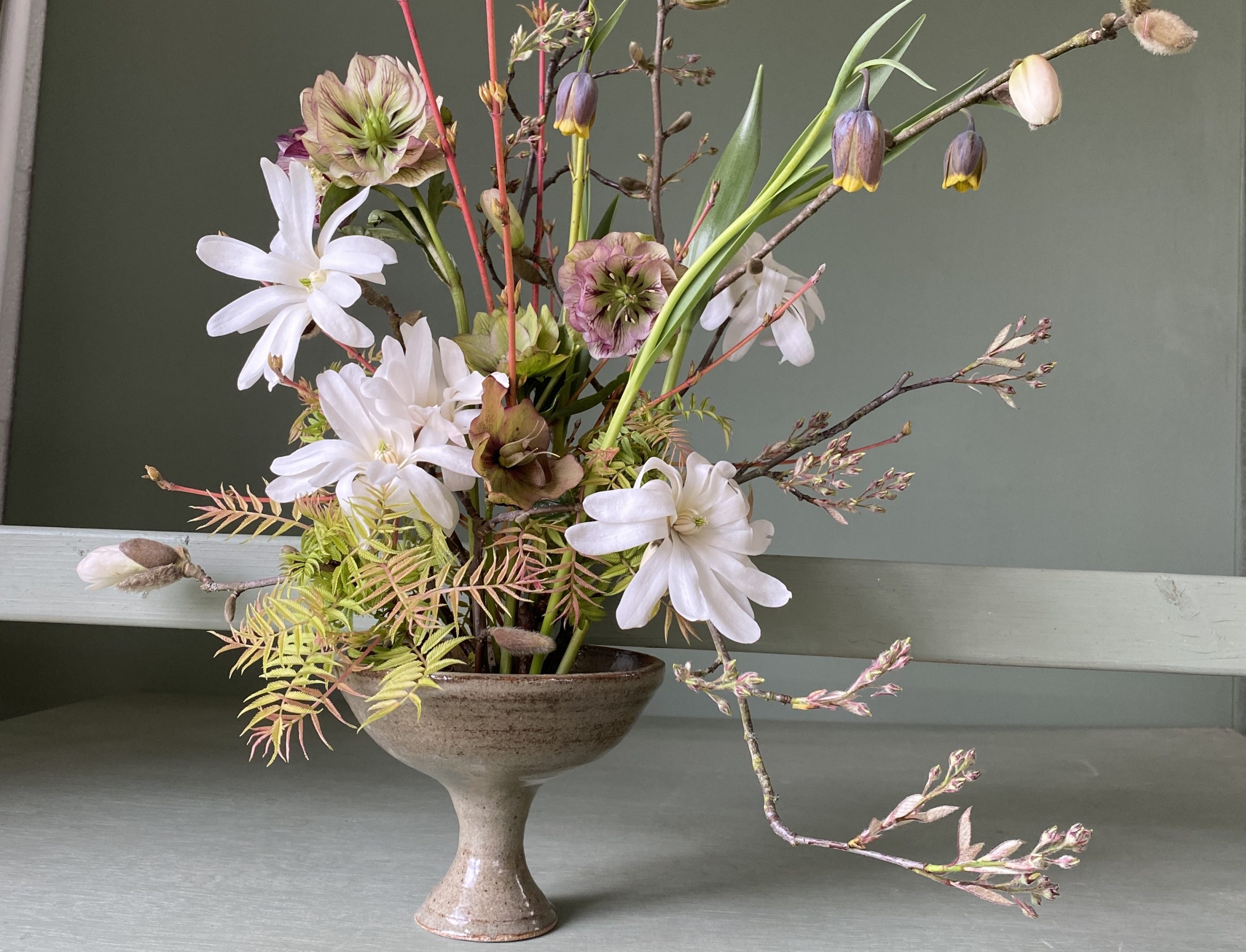 Arrange in a locally made pottery footed bowl with a Niwaki flower frog with Rozanne Delamore